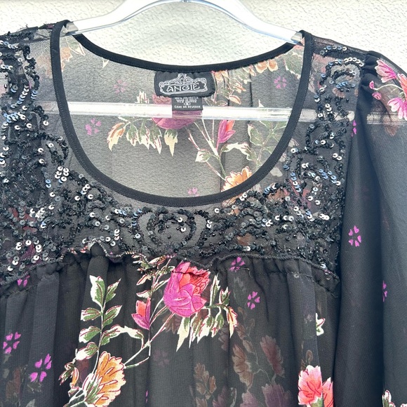 Angie Top Women S Black Multi Floral Sheer Sequined Whimsigoth Boho Fairy - Picture 7 of 10